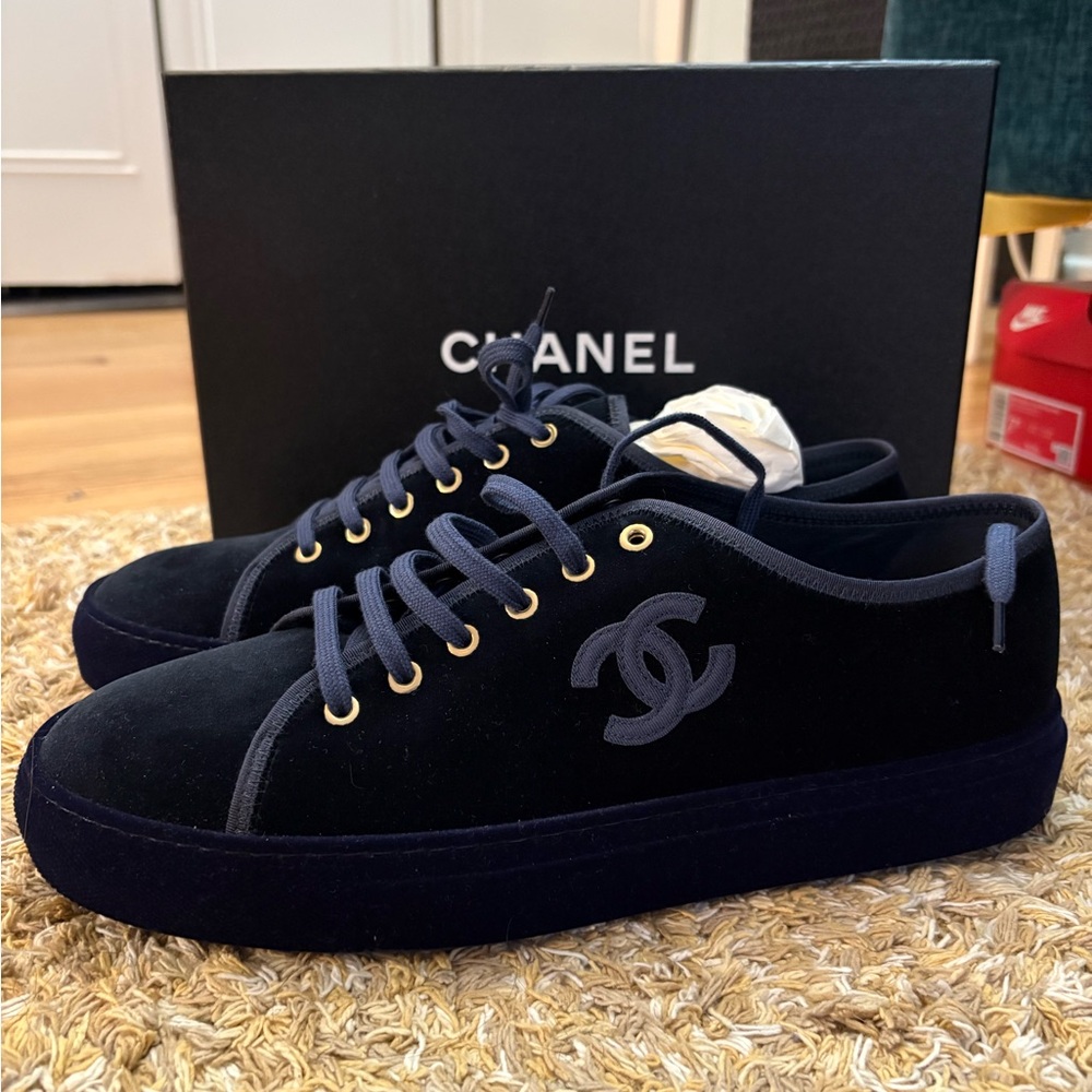 CHANEL Navy Velvet Sneakers with Gold Accents